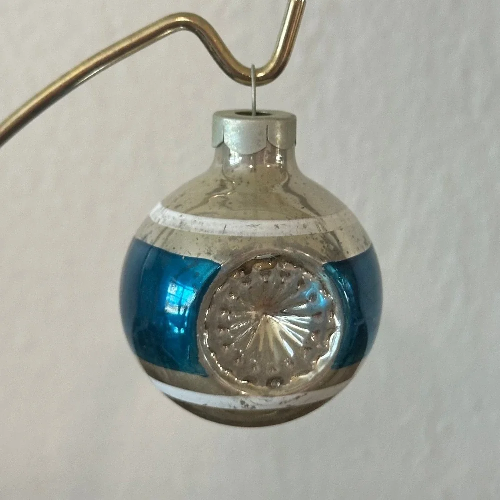 Vintage 2'' Premier Round Blue Silver‎ Glass Double Indent Christmas Ornament
